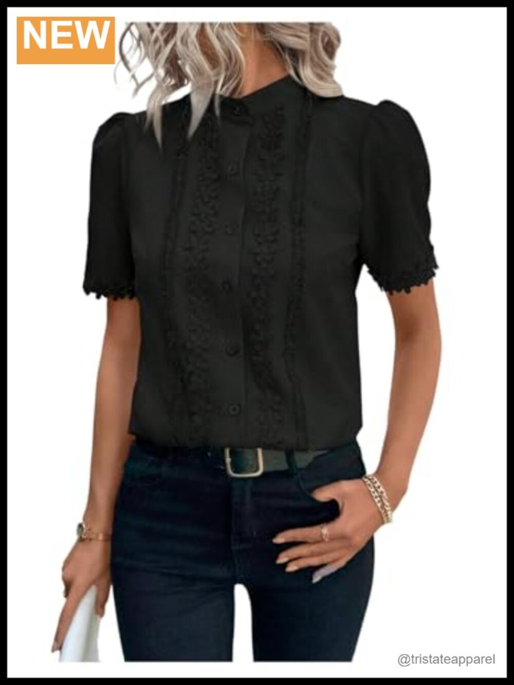 Women Eyelet Blouse Embroidered Button Down Short Sleeve Mock Neck Top
